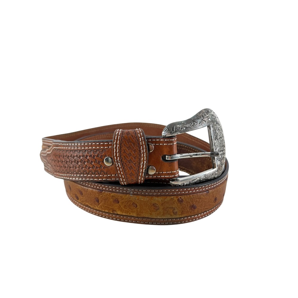 Nocona Mens 44 Brown Ostrich Print Leather Western Belt Basketweave Buckle